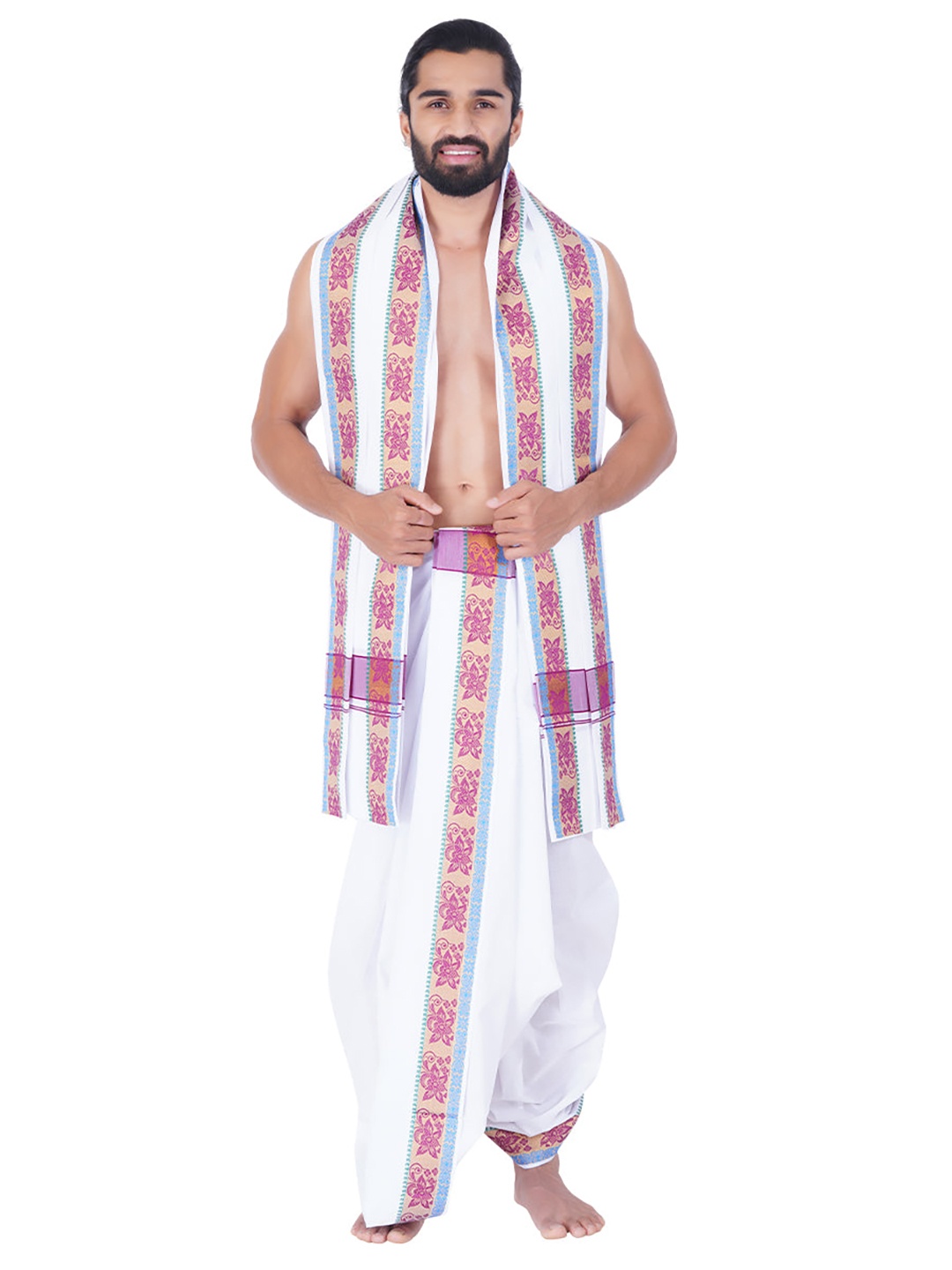 

Ramraj Men Traditional Panchakacham with Angavastram, White