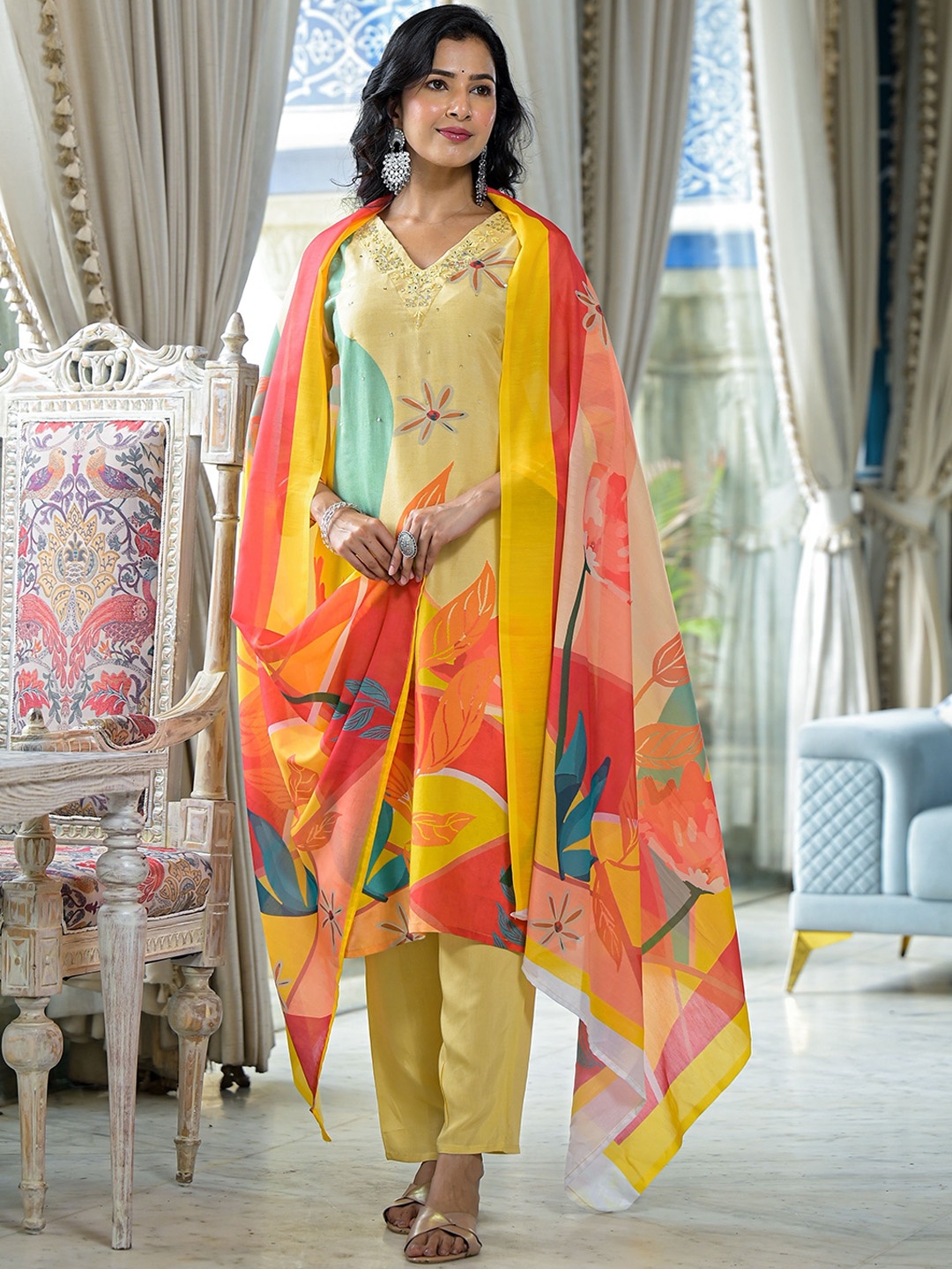 

ROOHANIYAT Floral Embroidered Sequinned Straight Kurta with Pyjamas & Dupatta, Yellow