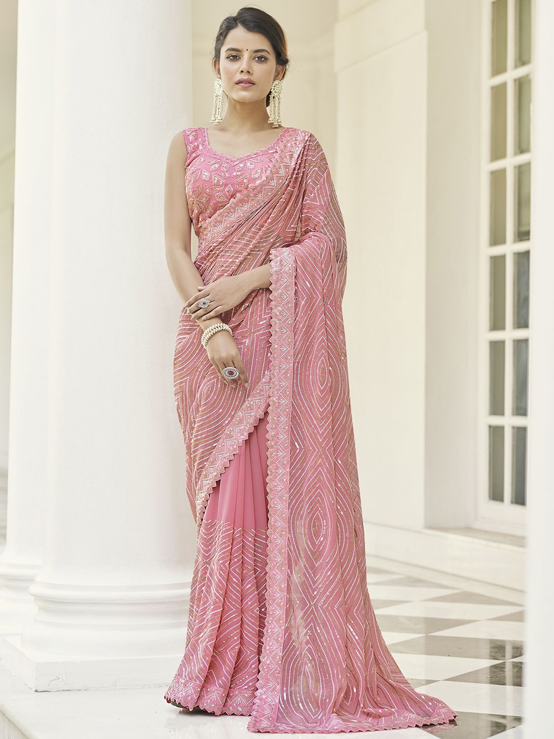 

Fusionic Geometric Printed Embroidered Pure Georgette Saree, Pink