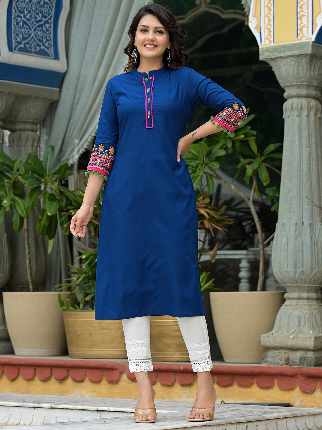 

Juniper Women Embroidered Mirror Work Kurta, Blue