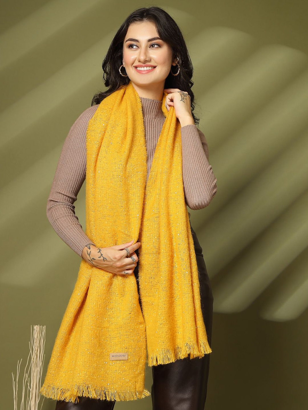 

Mafadeny Women Embroidered FringedStole, Yellow