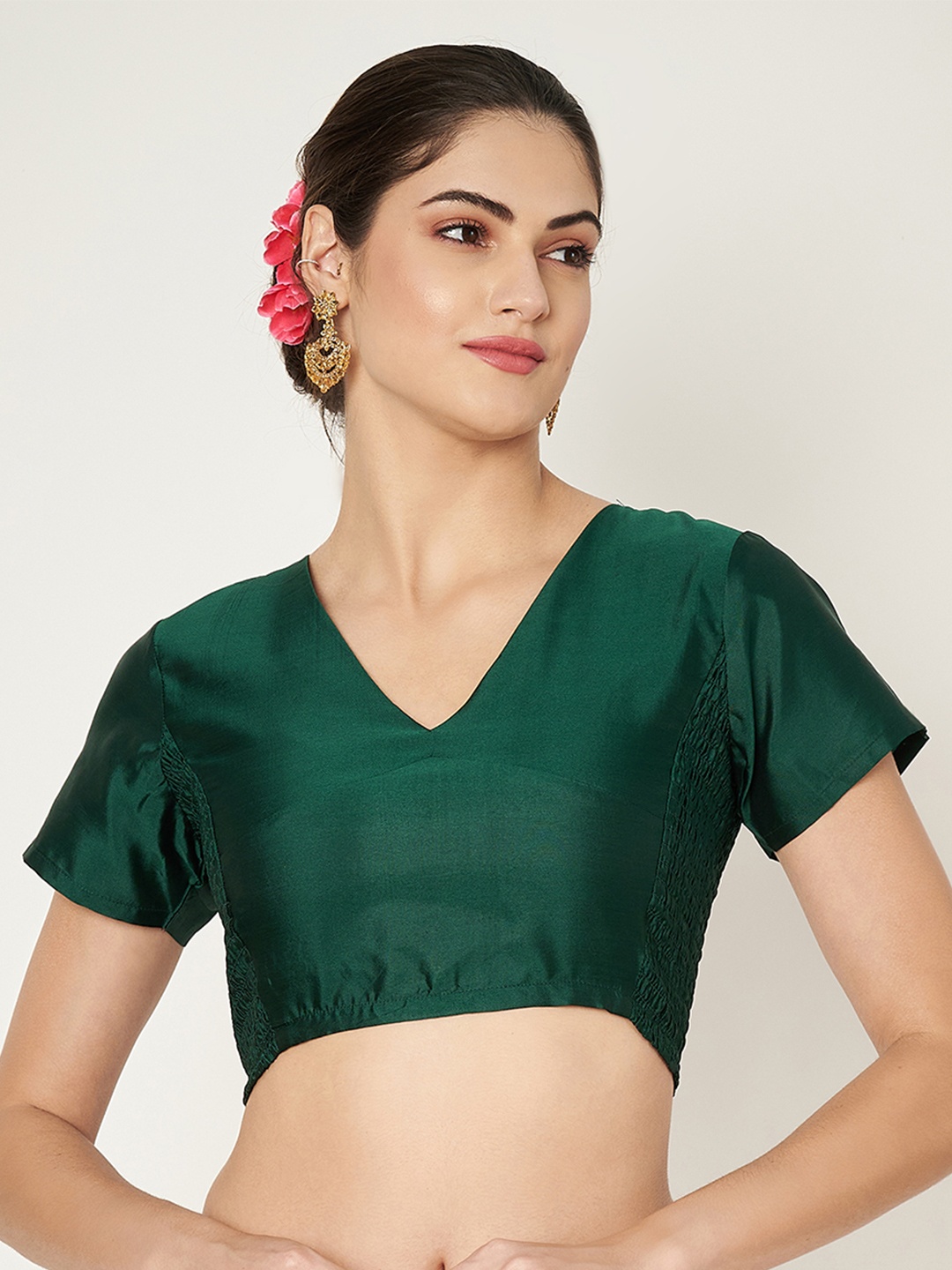 

studio rasa V Neck Short Sleeves Stretchable Saree Blouse, Green