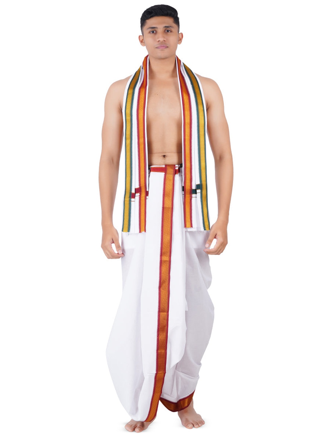 

Ramraj Men Traditional Panchakacham with Angavastram, White