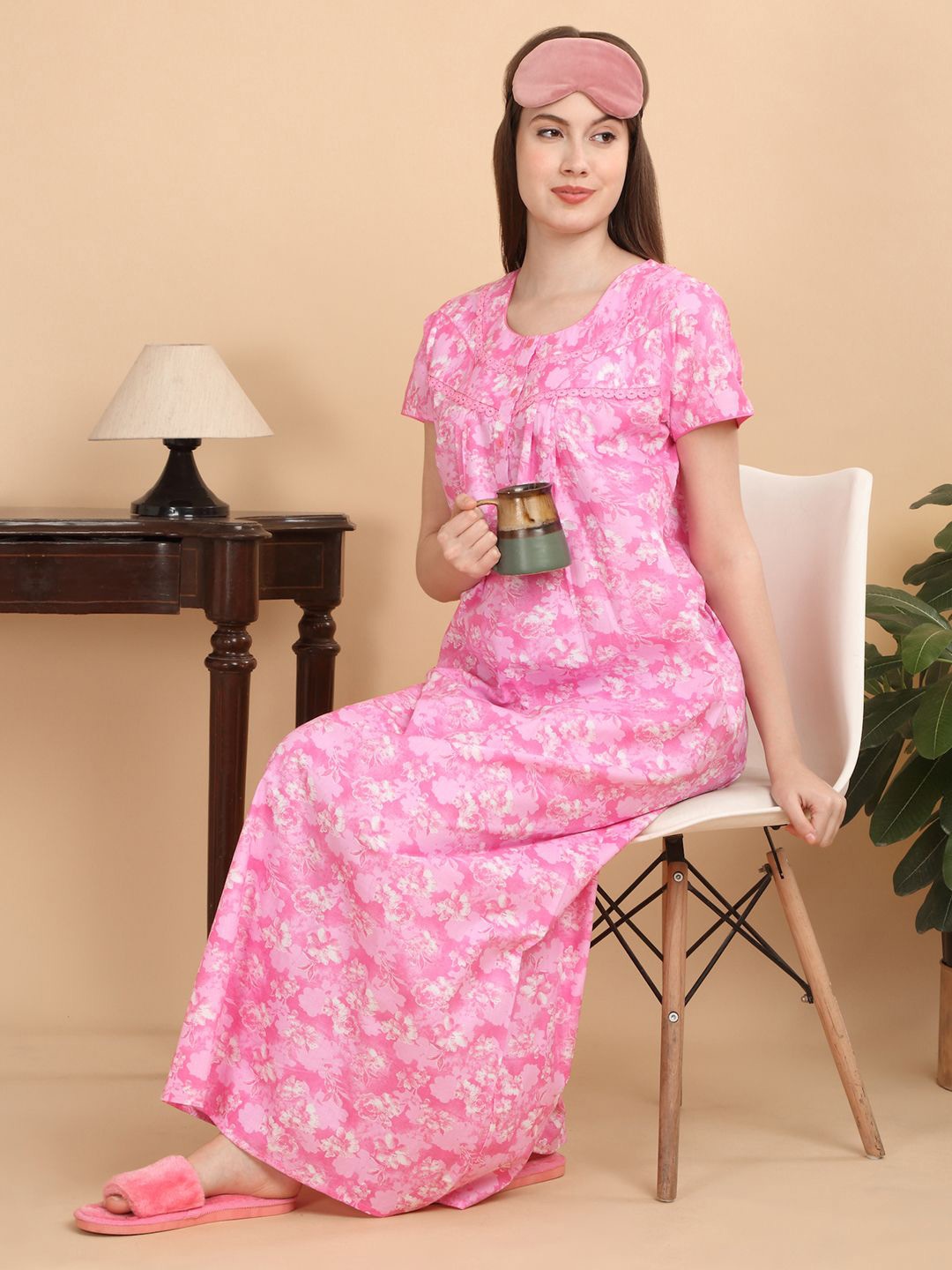 

Sweet Dreams Women Printed Pure Cotton Maxi Nightdress, Pink