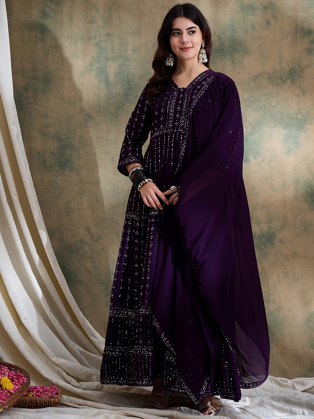 

Miss Ethnik Women Embroidered Maxi Ethnic Dresses, Purple