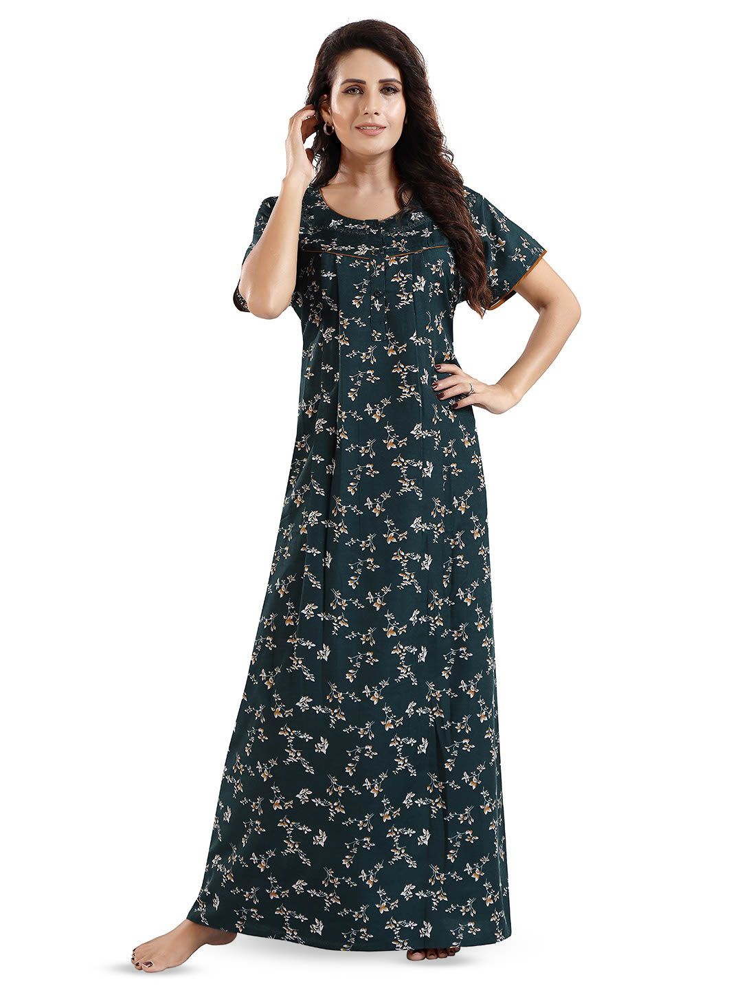 

NIGHT QUEEN Women Printed Pure Cotton Maxi Nightdress, Green