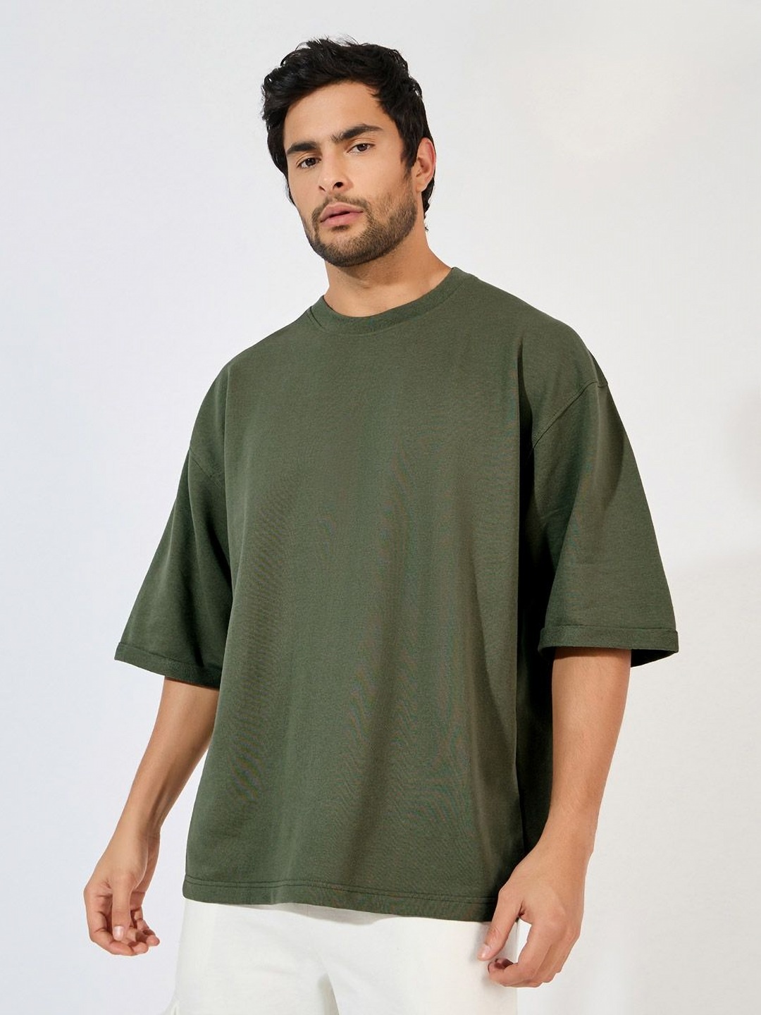 

Styli Men Solid Rolled Sleeve Boxy Fit Terry T-Shirt, Olive