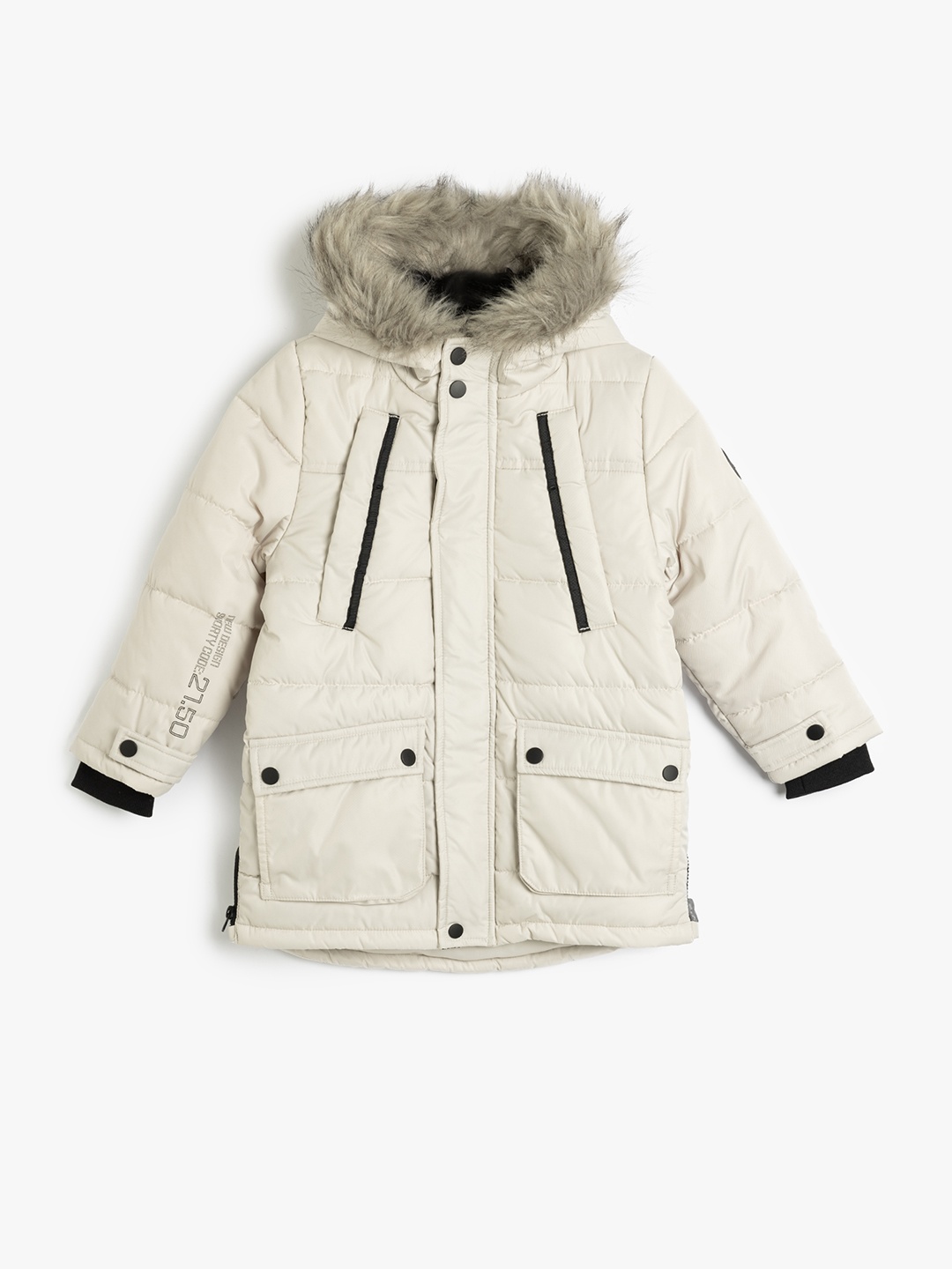 

Koton Boys Solid Single-Breasted Stand Collar Hooded Fur Overcoat, White