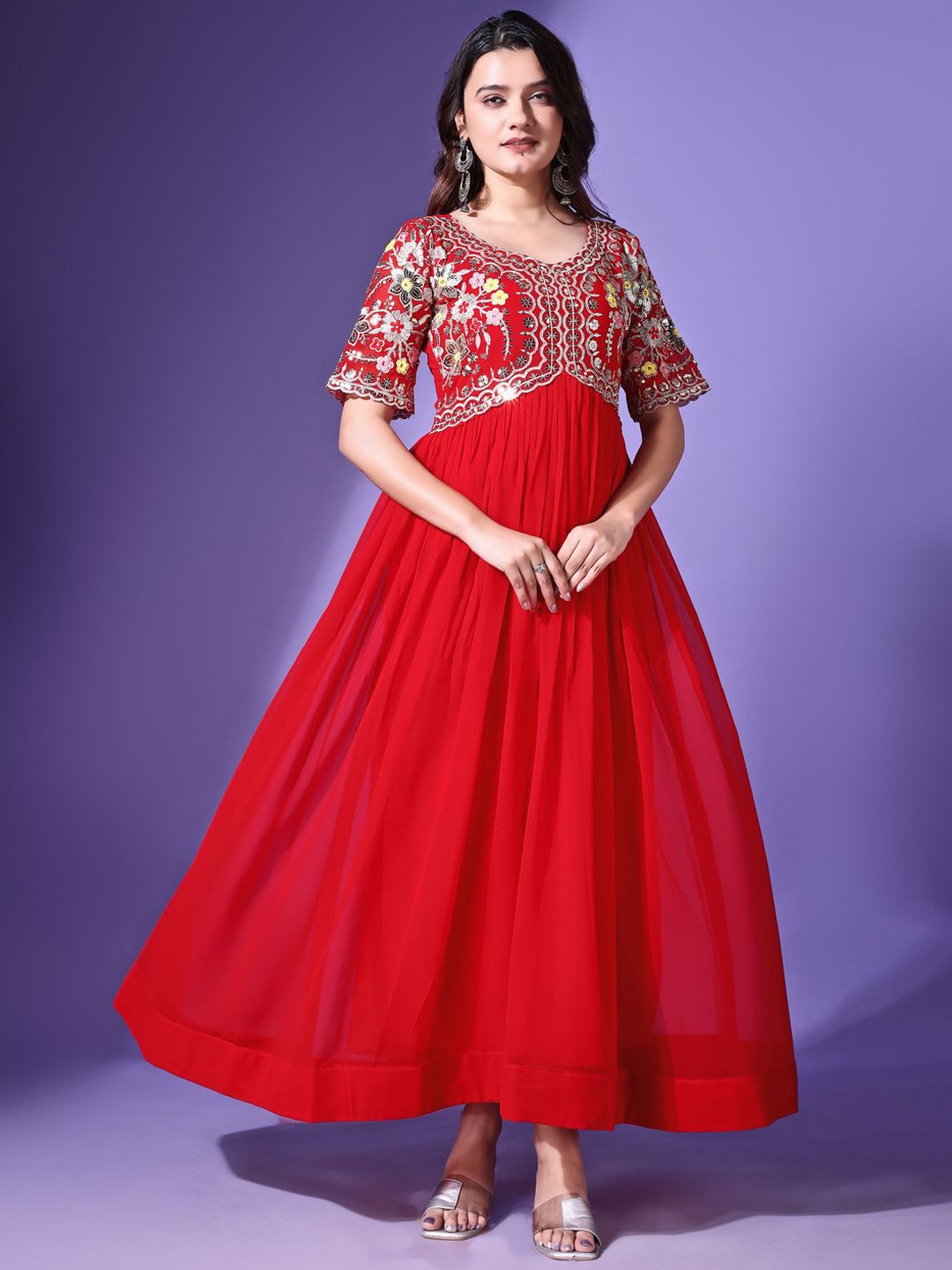 

KALINI Women Embellished Georgette Anarkali Kurta, Red