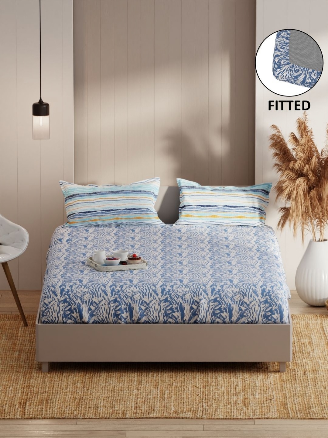 

KOPA Blue Floral 152 TC Microfiber Fitted Queen Bedsheet Set 1.80 m x 1.98 m x 25 cm