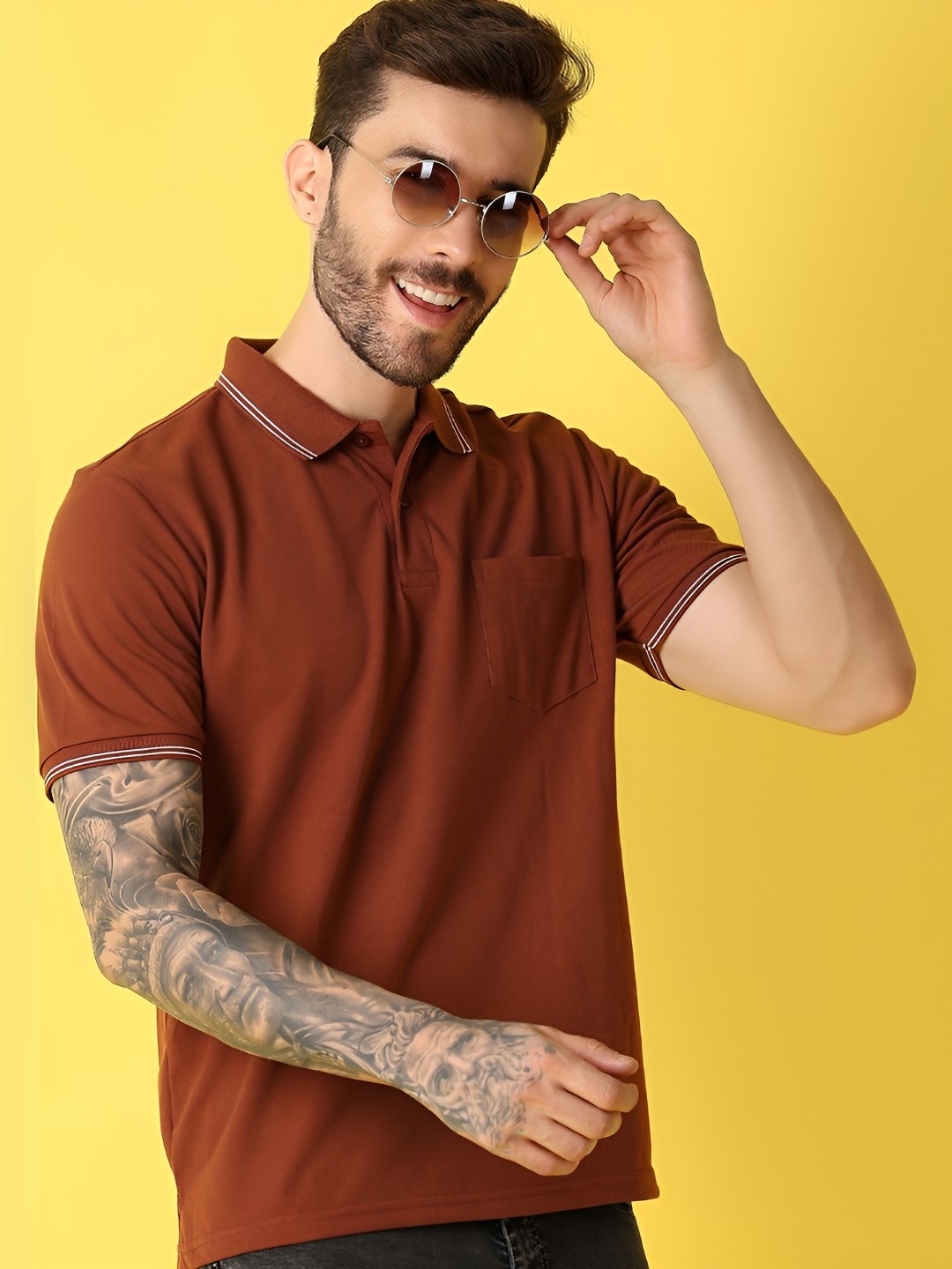 

V-Mart Men Solid Polo Collar Cotton T-shirt, Brown