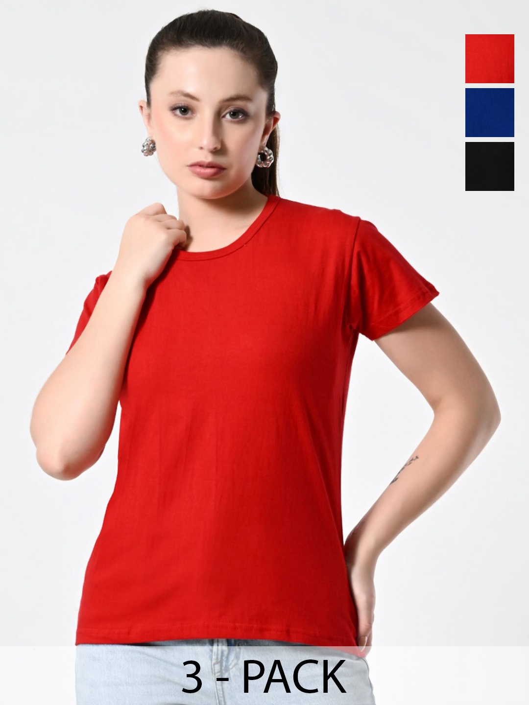 

BAESD Women Pack Of 3 Solid Round Neck Cotton T-shirts, Red
