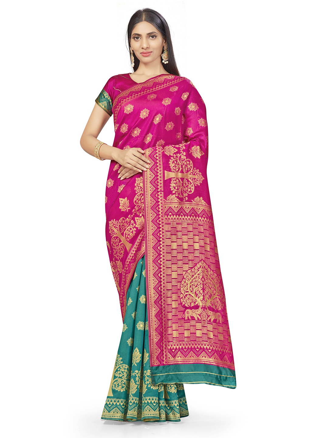 

Maroosh Woven Design Zari Half and Half Banarasi Saree, Pink