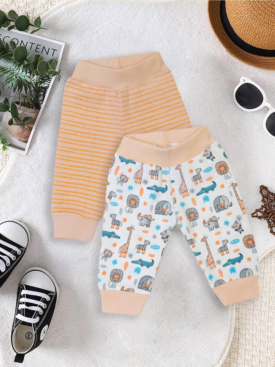 

MeeMee Infants Pack Of 2 Printed Cotton Joggers, Peach