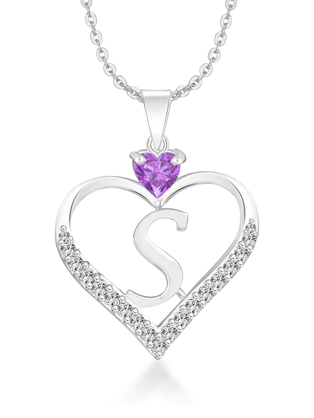 

Heer Collection Silver-Plated Stainless Steel CZ Alphabet S Heart Shaped Pendant & Chain