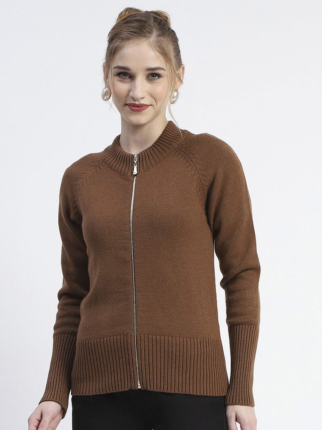 

Madame Women Self Design Cardigan Sweater, Brown