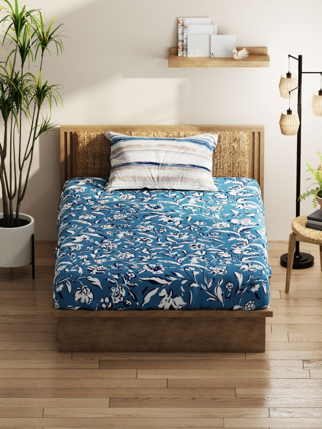 

KOPA Blue & White Floral 152 TC Single Bedsheet with 2 Pillow Covers