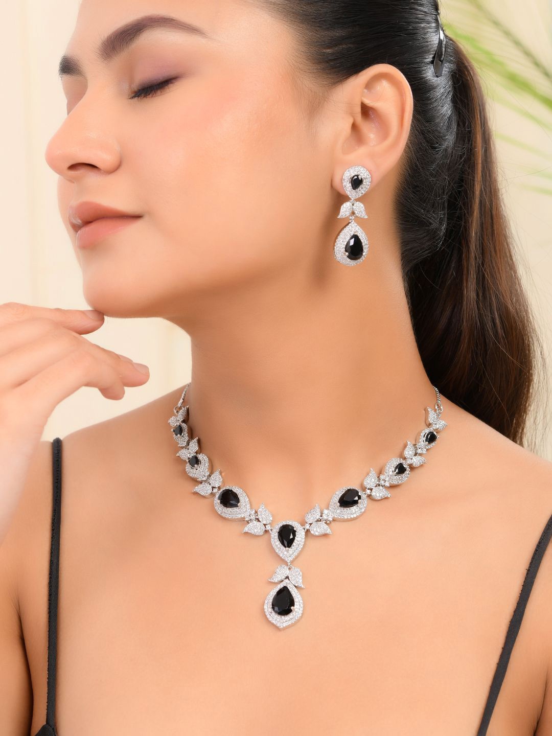

Silvermerc Designs Silver-Plated American Diamond-Studded Necklace & Earrings