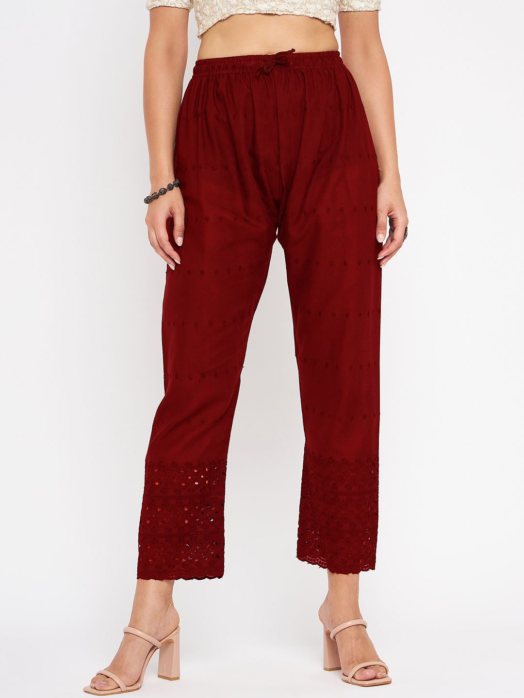 

Castle Lifestyle Women Embroidered Cotton Trouser, Maroon