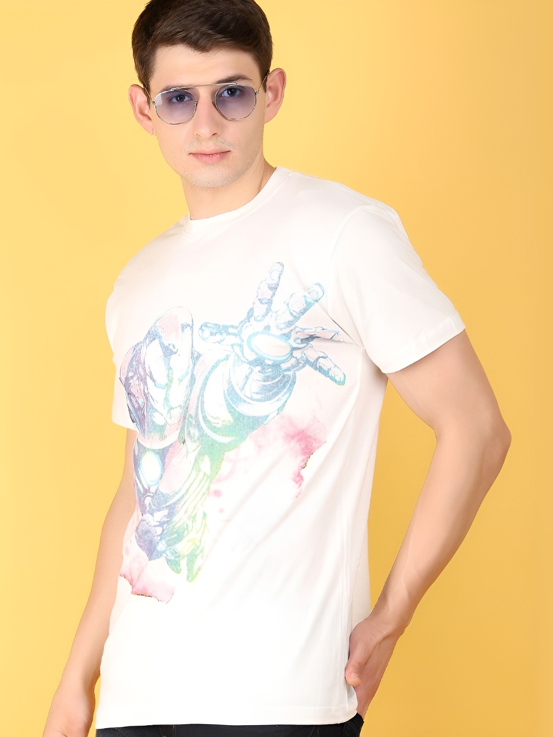 

V-Mart Men Graphic Printed Round Neck Cotton T-shirt, Beige