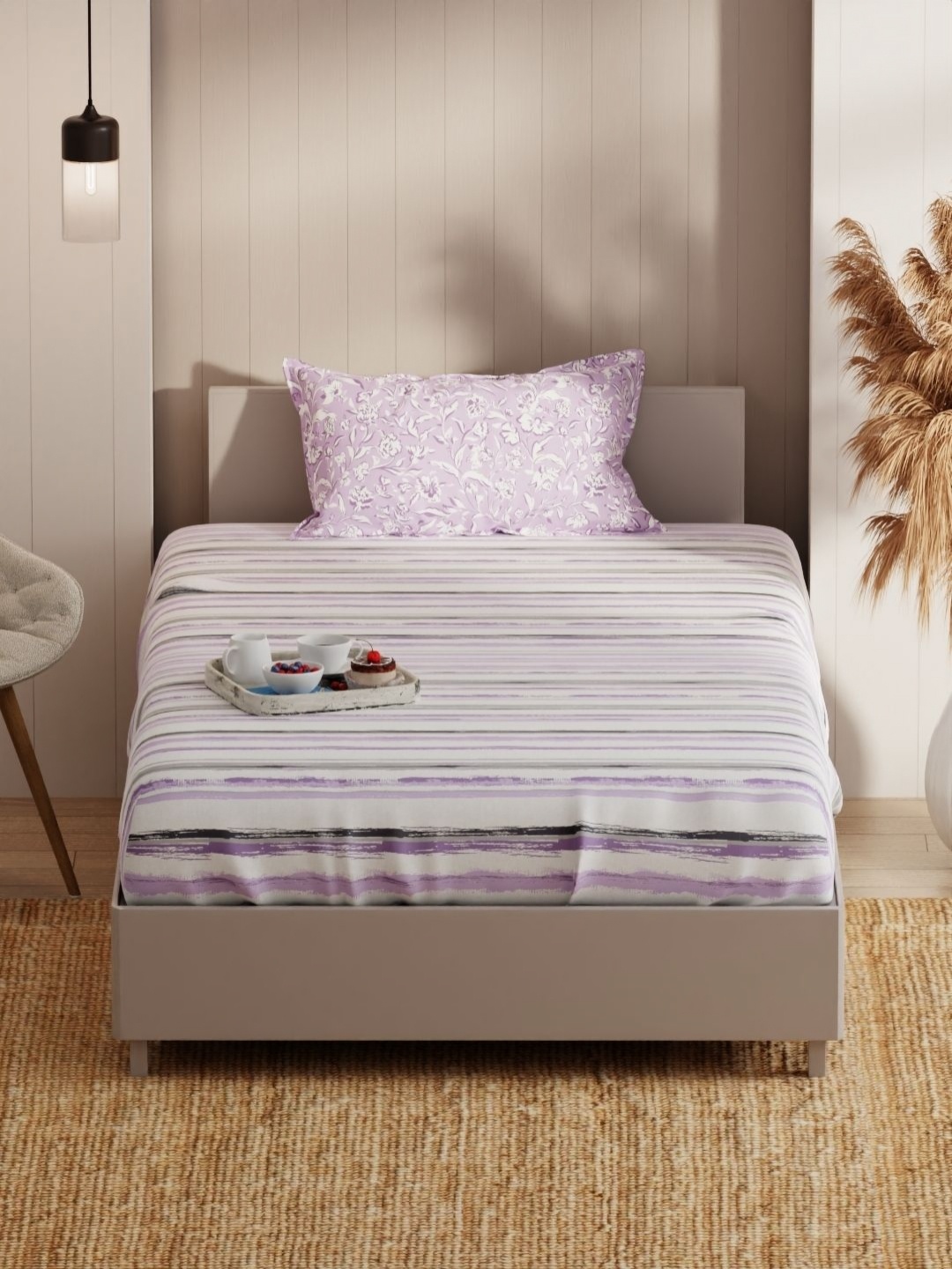 

KOPA Grey Striped 152 TC Microfiber Single Bedsheet & Pillow Cover 1.55 m x 2.36 m