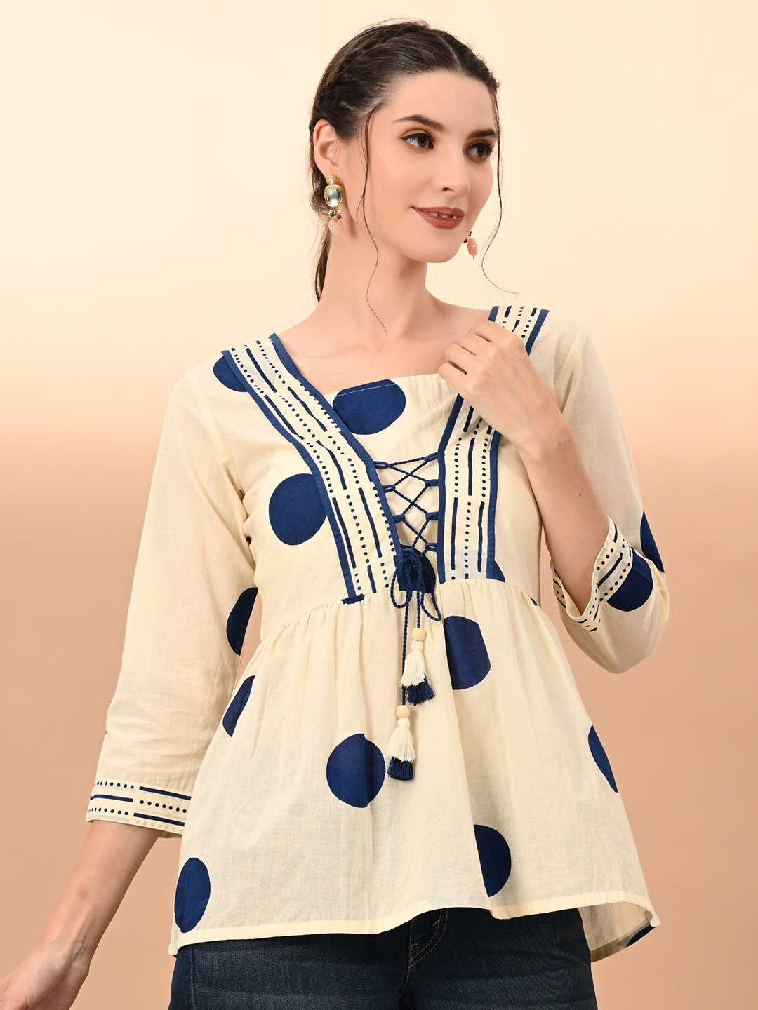 

CRENOL THREADS Women Conversational Printed Cotton Tunic, Beige
