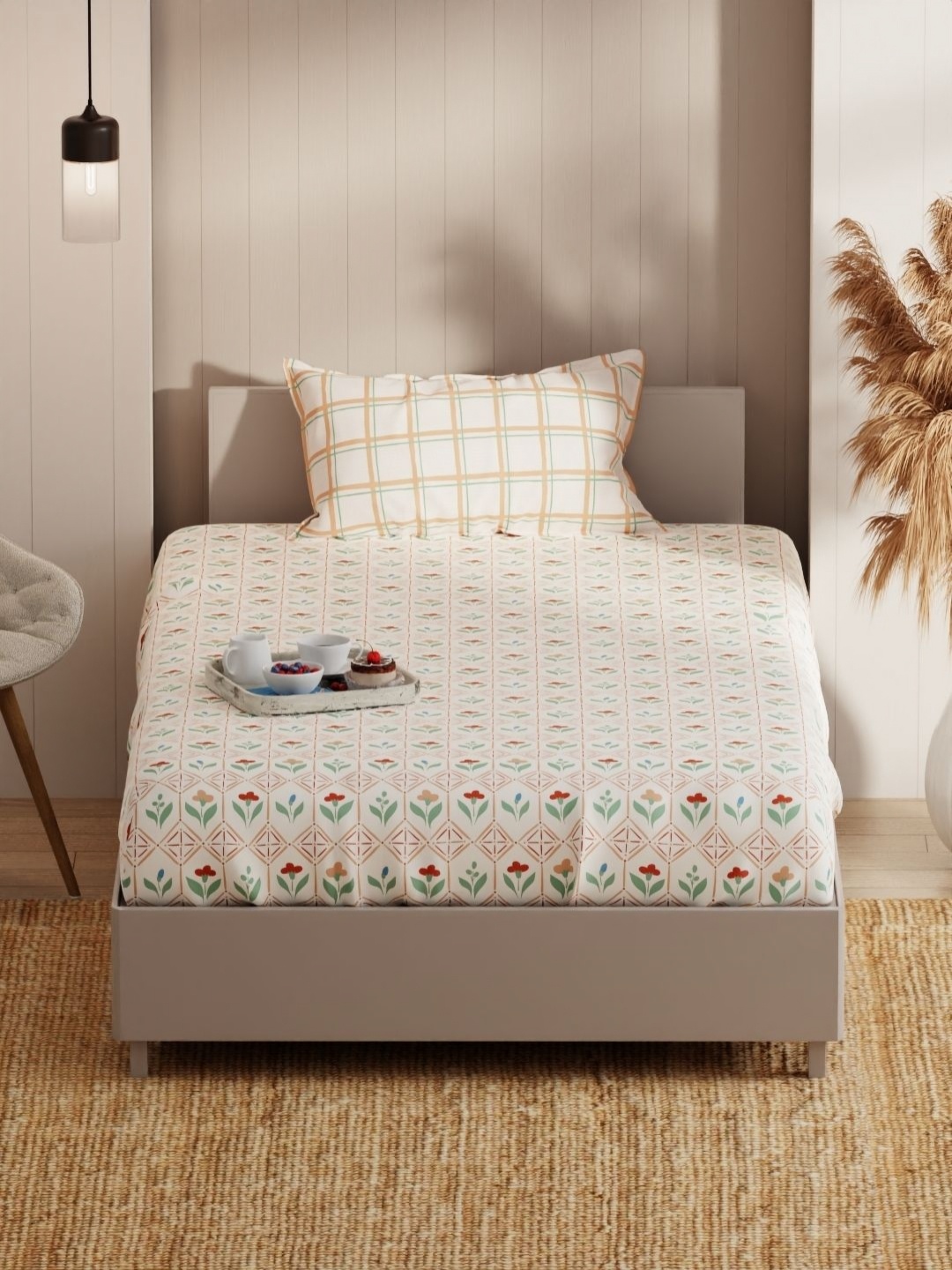 

KOPA Beige & White Floral Micrfiber 152 TC Single Bedsheet with 1 Pillow Cover 1.5 x 2.3m