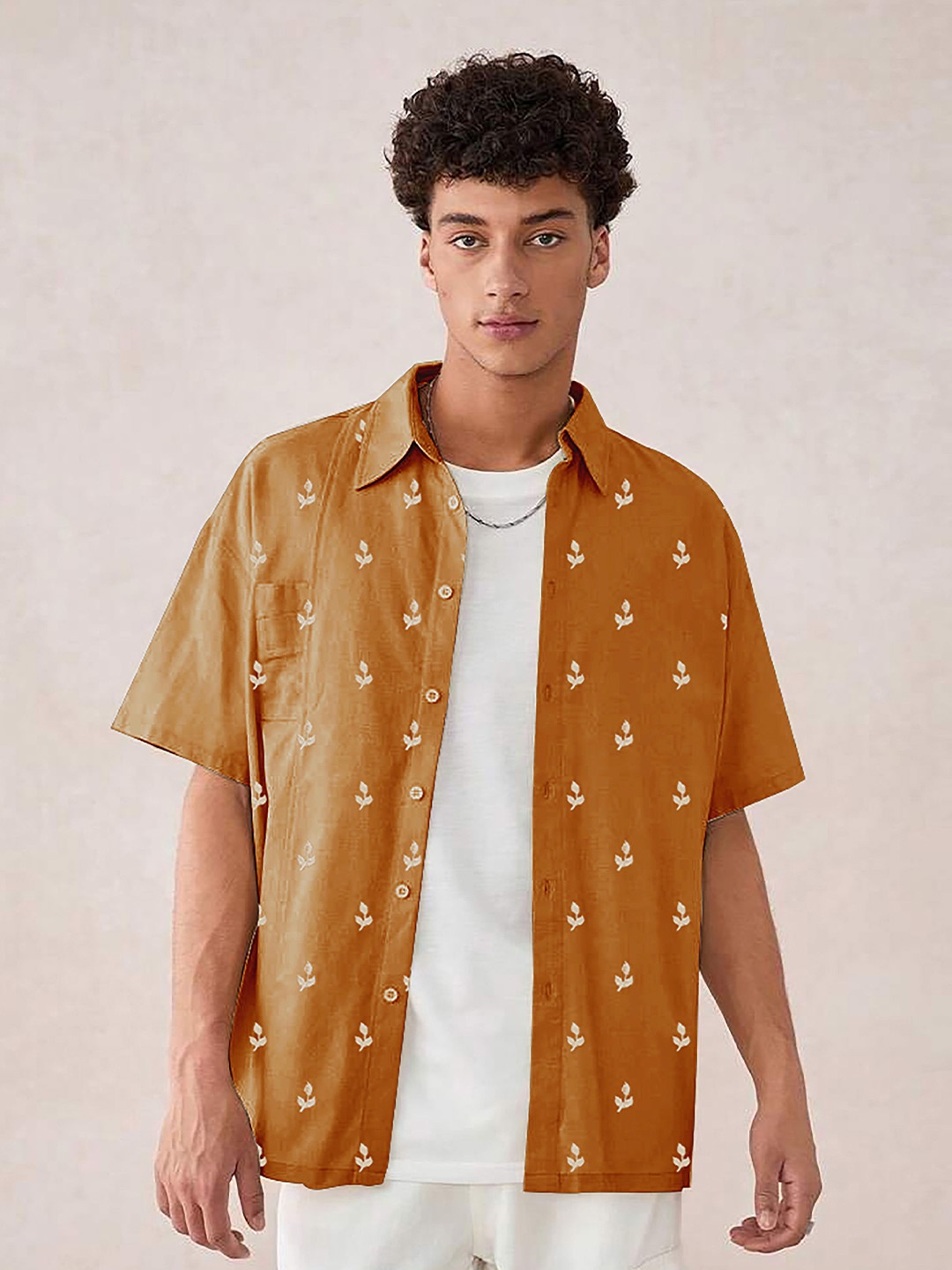 

HAMPTONS Mens Pure Cotton Embroidered Half Sleeve Shirt, Brown