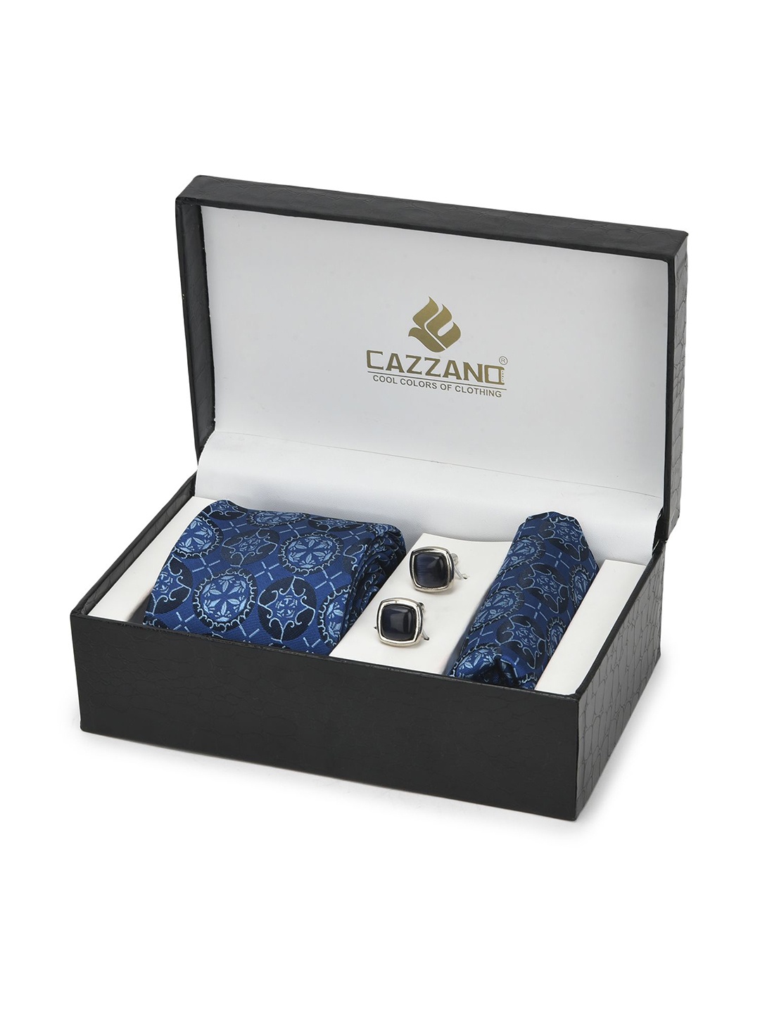 

Cazzano Men Abstract Embroidered Slim Tie Cufflinks & Pocket Square Accessory Gift Set, Blue