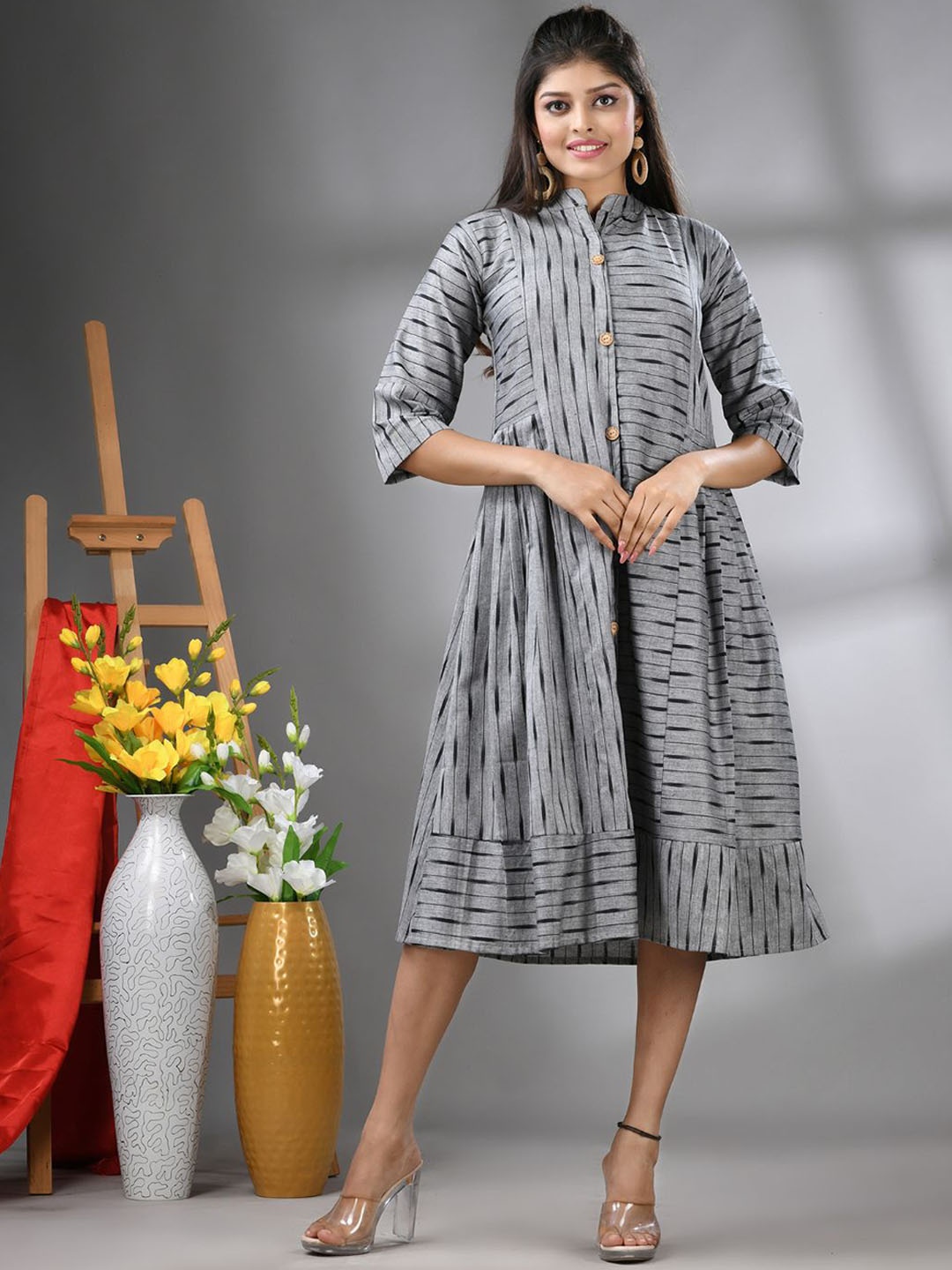 

Charukriti Women Striped Printed Cotton A-Line Midi Dress, Grey
