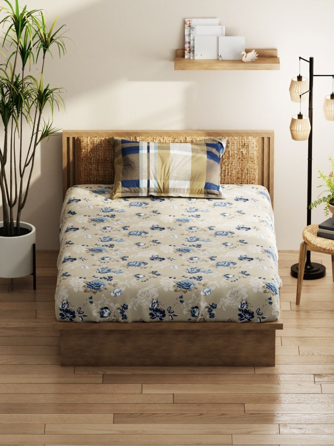 

KOPA Beige & Blue Floral 152 TC Queen Bedsheet with 2 Pillow Covers