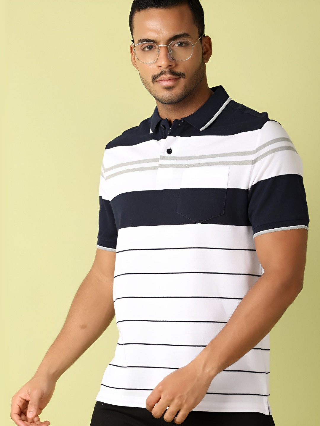 

V-Mart Men Striped Polo Collar Cotton T-shirt, White