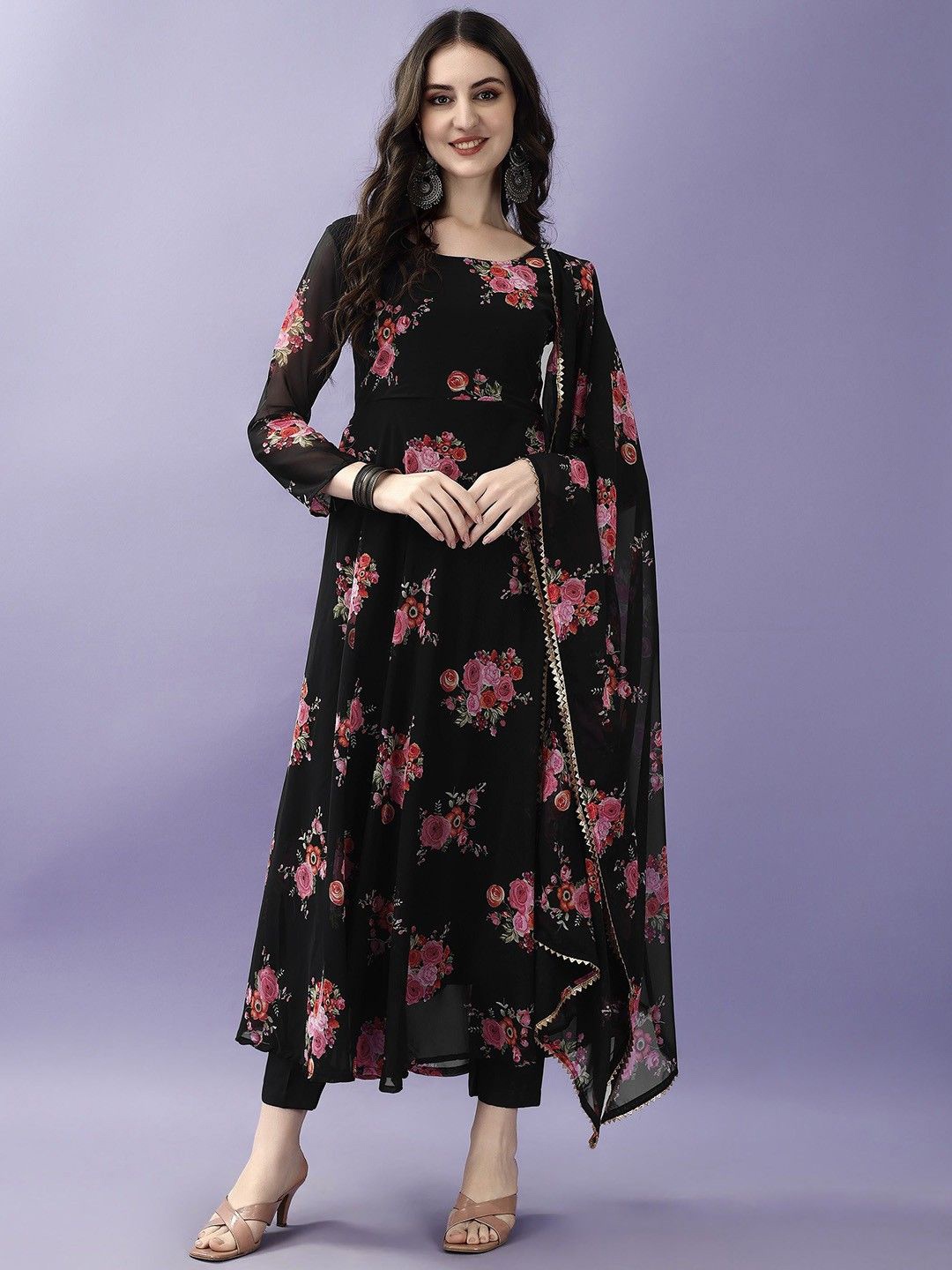 

White World Women Floral Printed Fit & Flare Maxi Dress with dupatta, Black