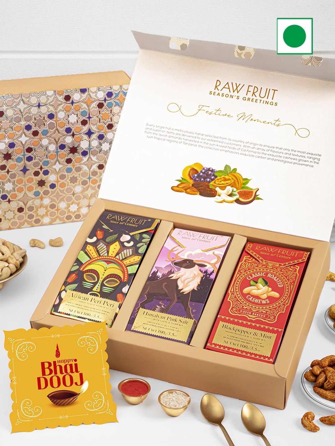 

RawFruit Bhai Dooj Dry Fruit Gift Pack with Roli Chawal, Beige