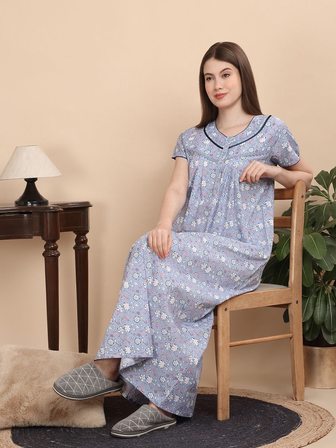 

Sweet Dreams Women Printed Pure Cotton Maxi Nightdress, Blue
