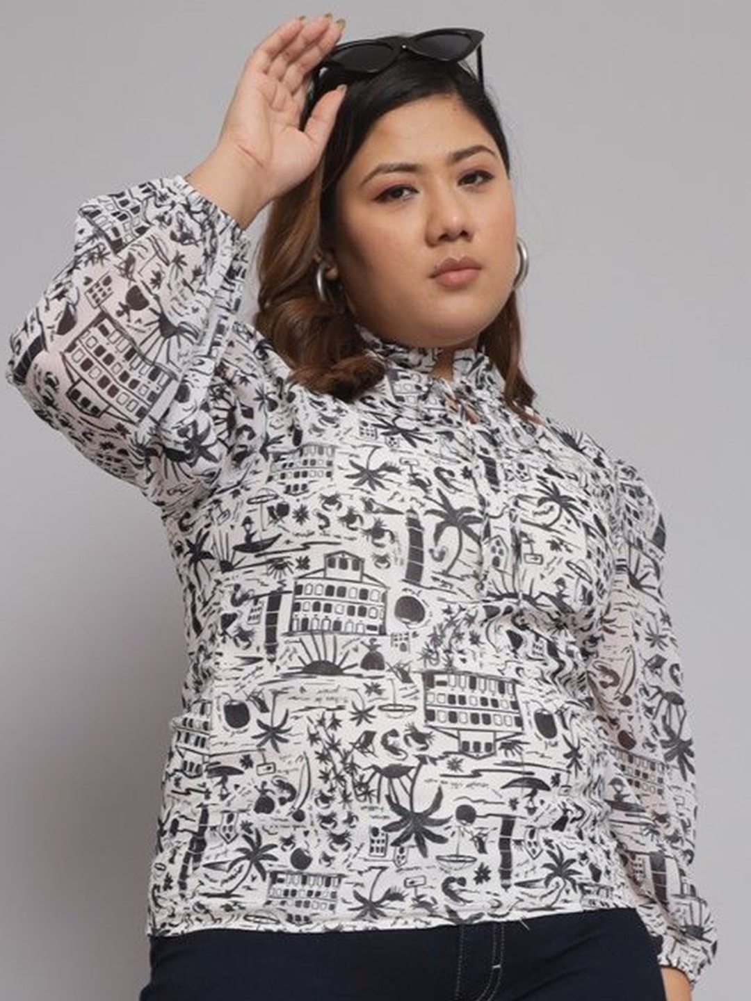 

BEYOUND SIZE - THE DRY STATE Women Plus Size Conversational Printed Tie-Up Neck Top, Off white