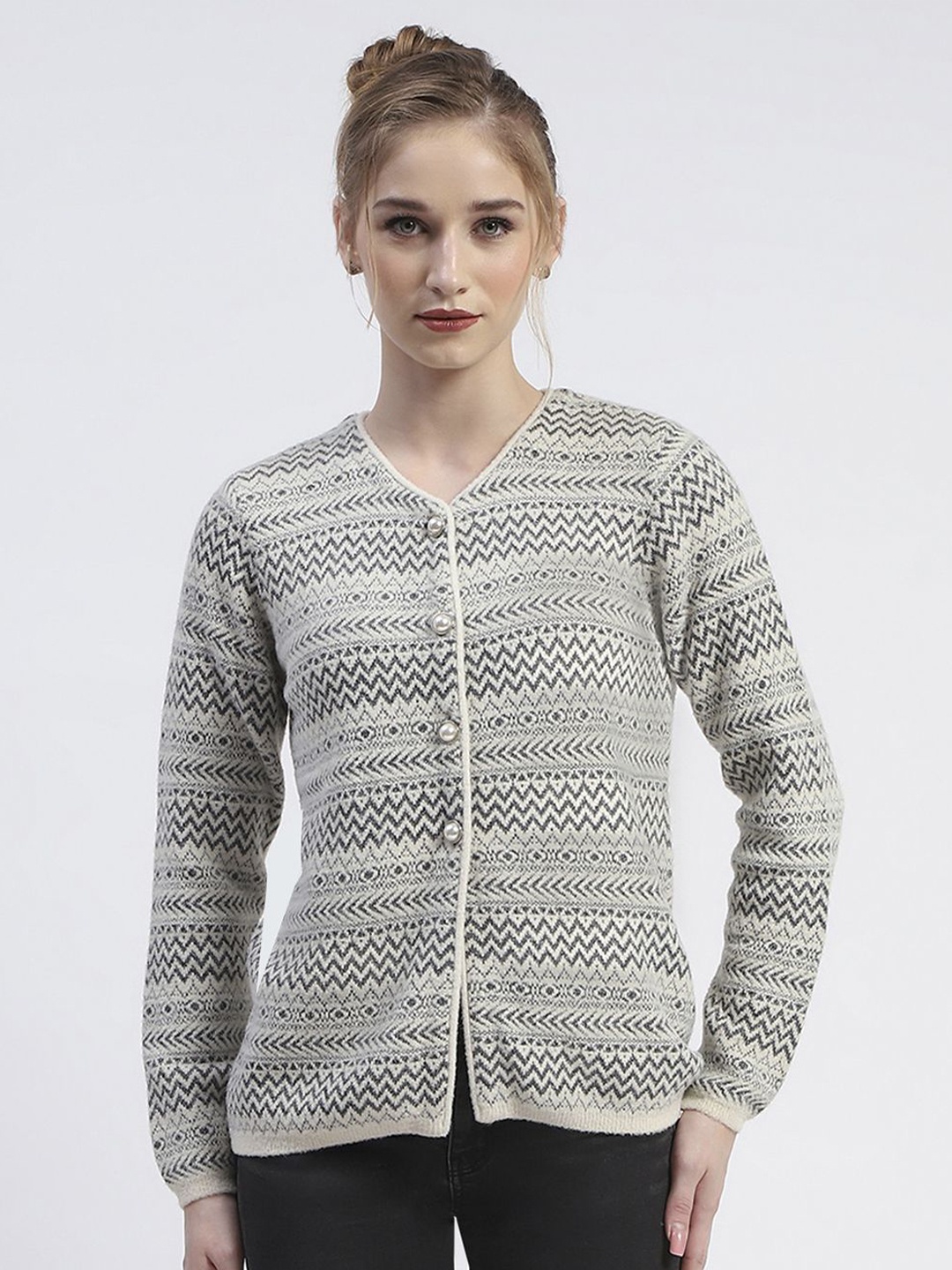 

Madame Women Striped Ribbed Cardigan Sweater, Grey