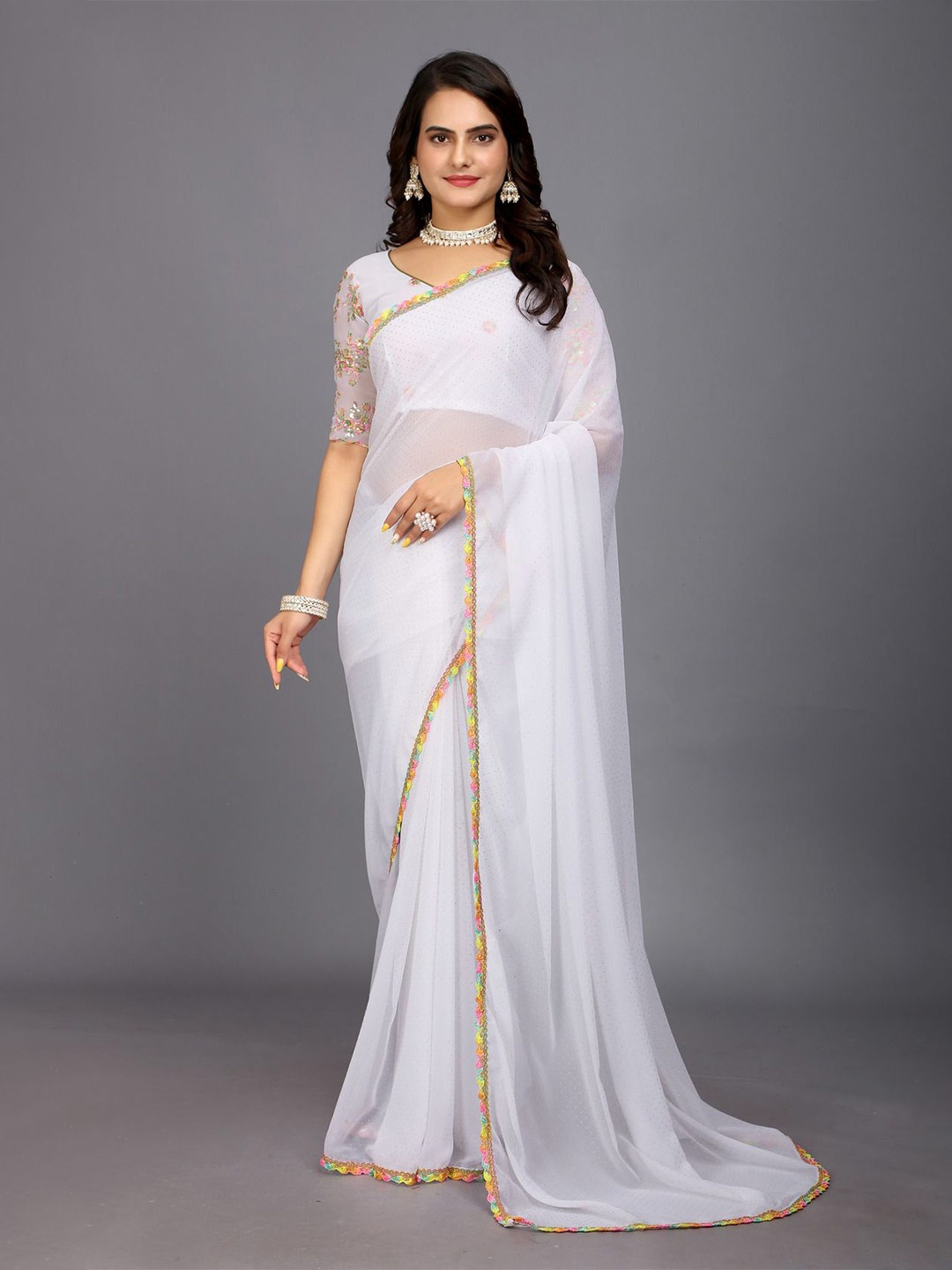 

Aardiva Polka Dot Printed Sequinned Embellished Saree, White