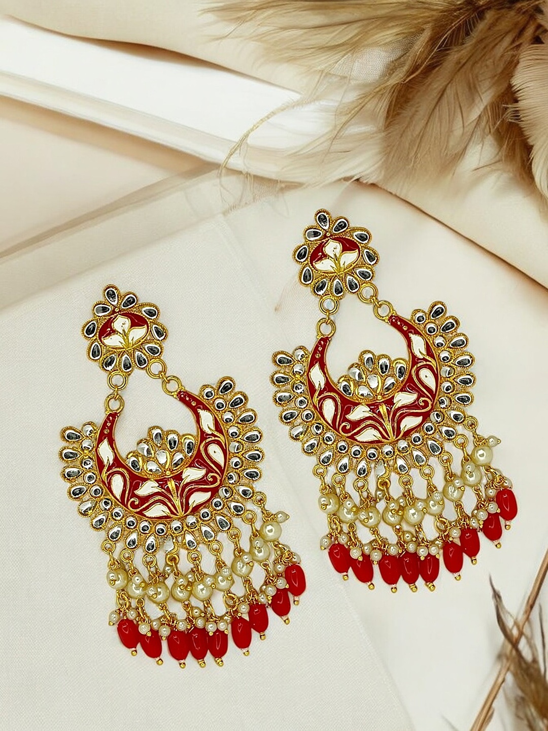 

9blings Gold Plated Kundan Studded Crescent Shaped Chandbalis, Red