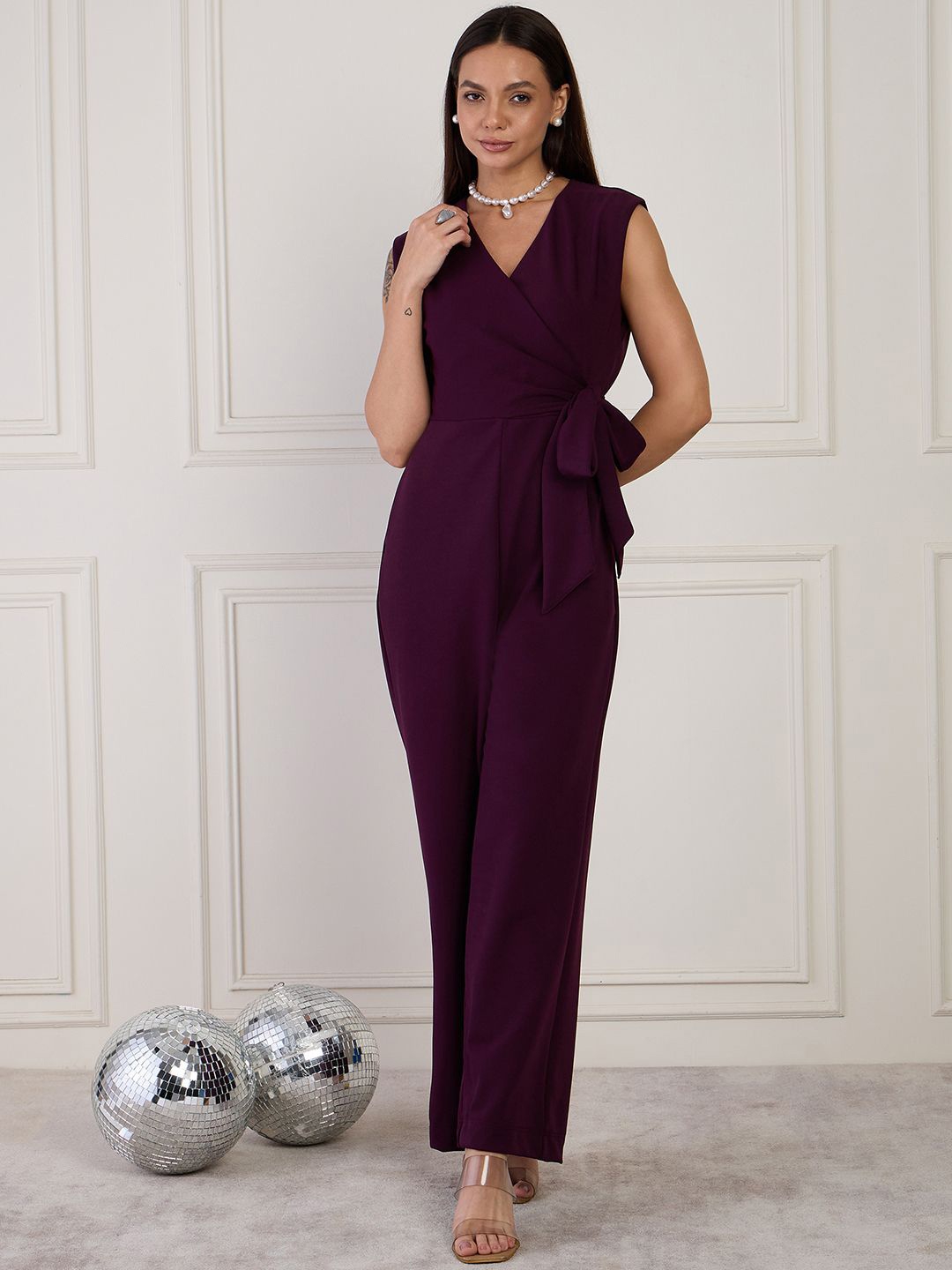 

MAGRE Solid Sleeveless Basic Jumpsuit, Burgundy