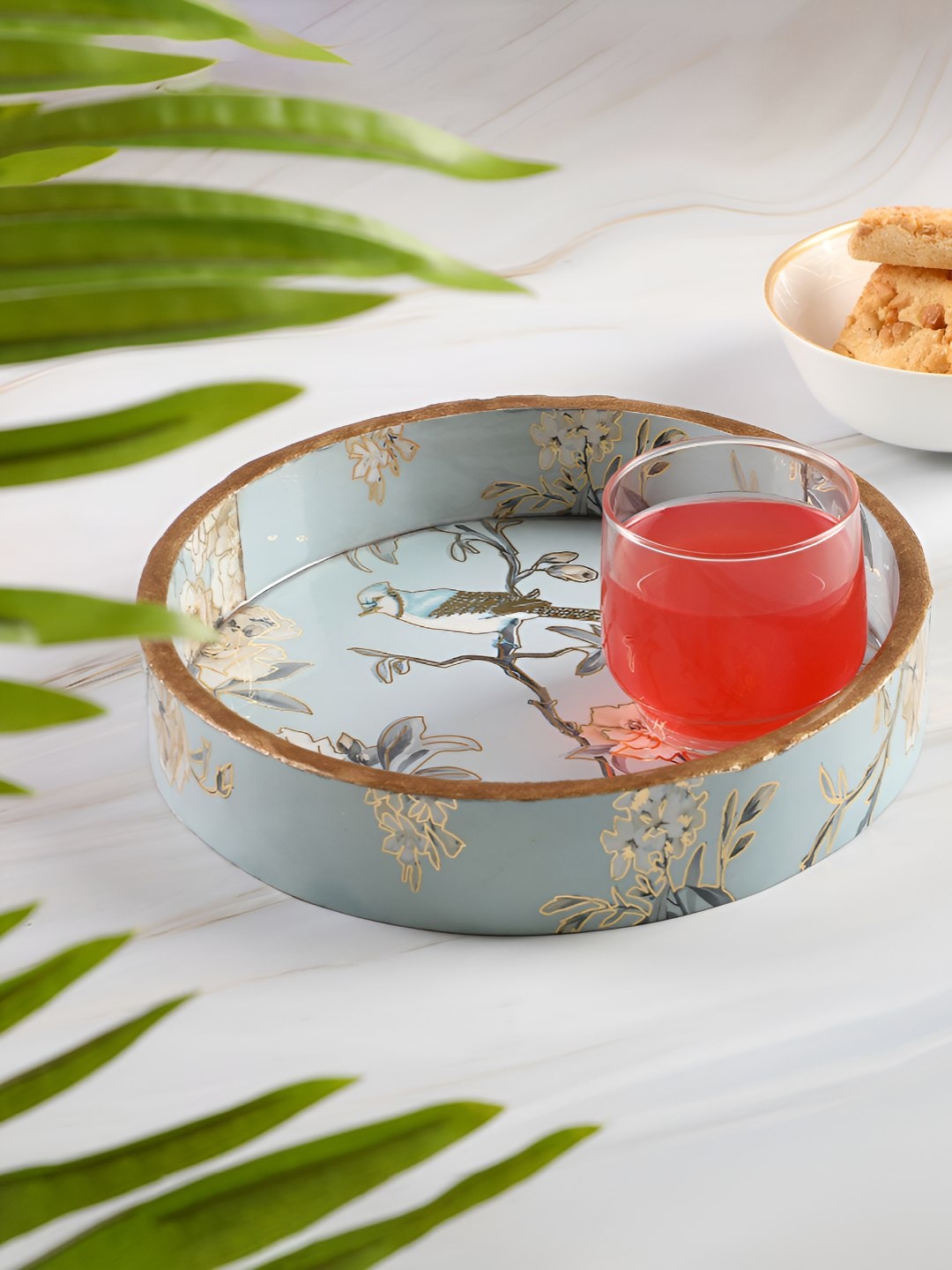 

THE HOME CO. Green & Gold Toned Glass Printed Serving Tray