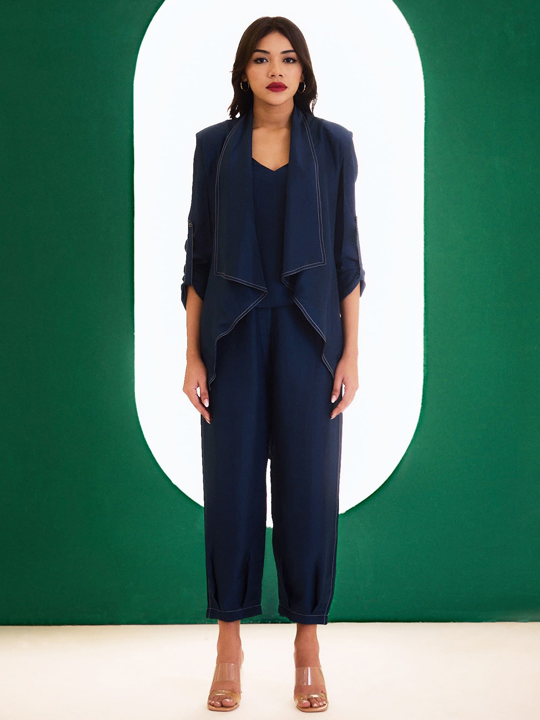 

BETRUE Women Cotton Shawl Collar Longline Silk Tailored Jacket, Navy blue