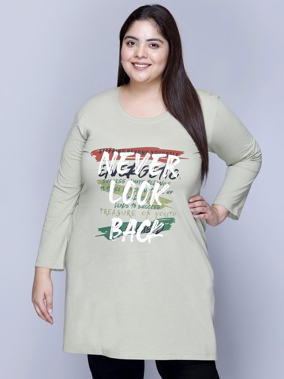 

IN Love Typography Printed Plus Size Cotton Long T-Shirt, Green