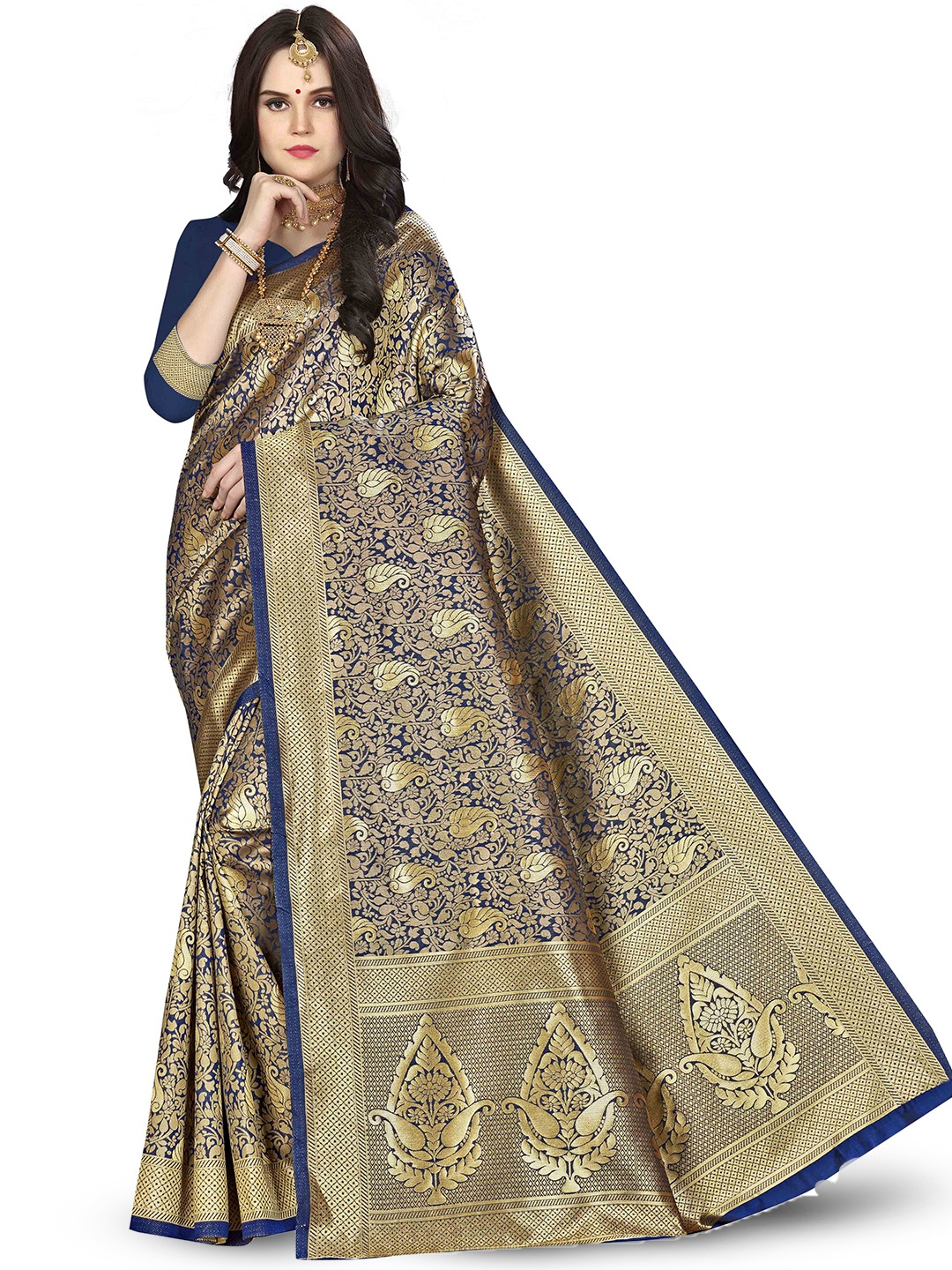 

Maroosh Women Woven Design Zari Banarasi Saree, Navy blue