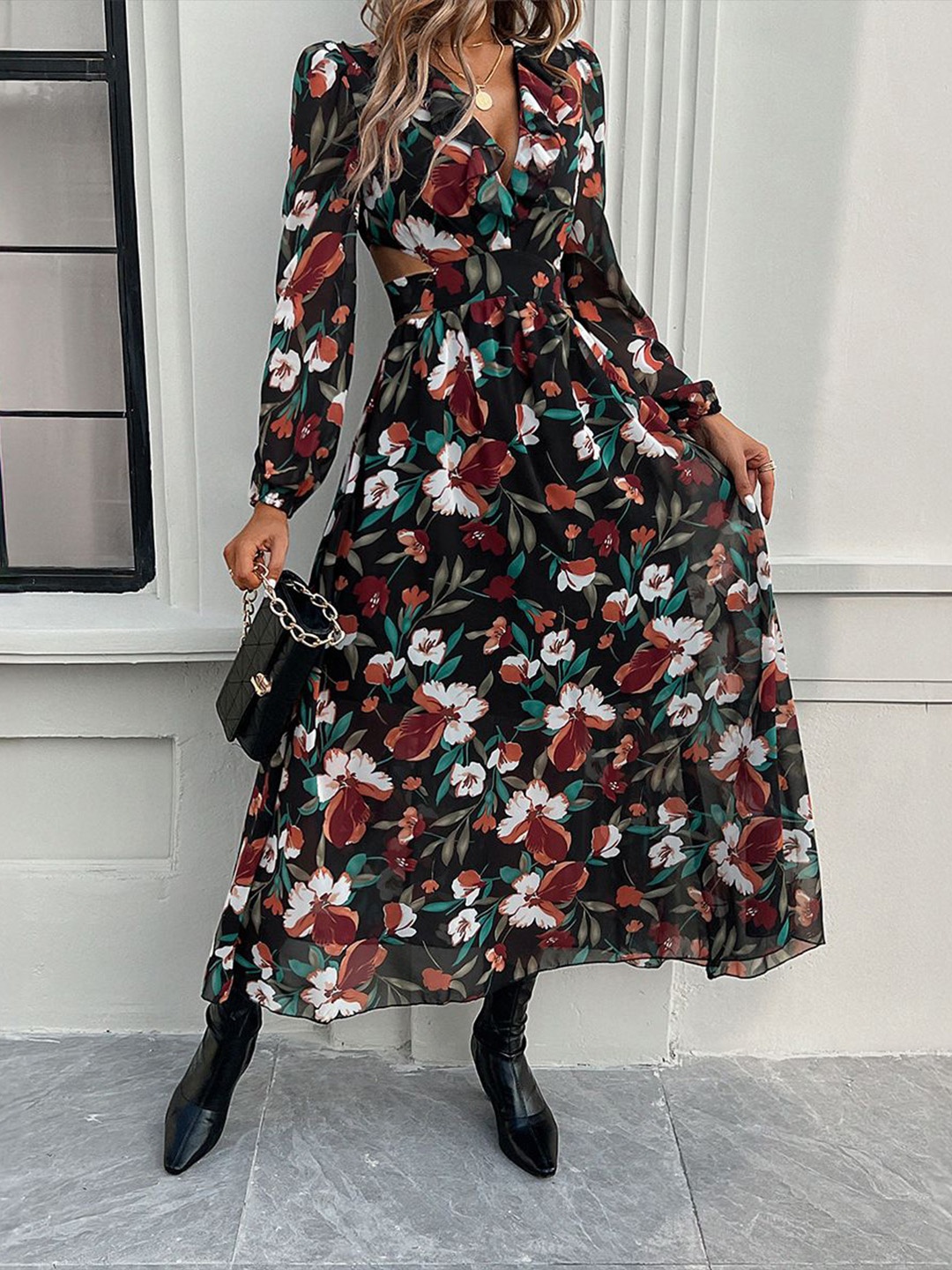 

StyleCast Floral Printed Puff Sleeve A-Line Maxi Dress, Black