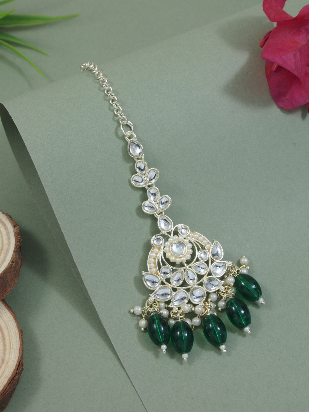 

I Jewels Gold-Plated Kundan & Pearl Maang Tikka Head Jewellery