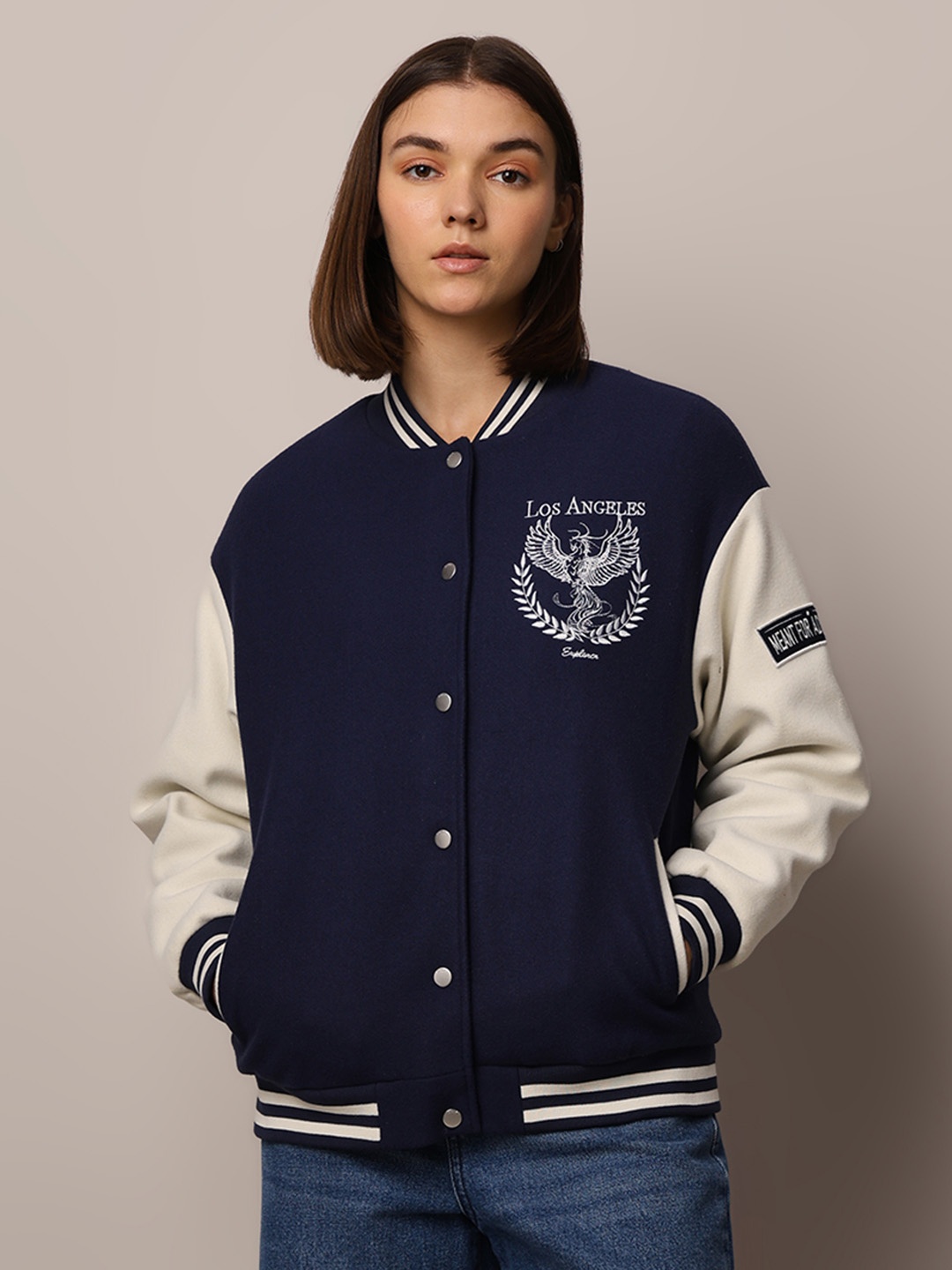 

ONLY Women Stand Collar Colourblocked Casual Varsity Jacket, Navy blue