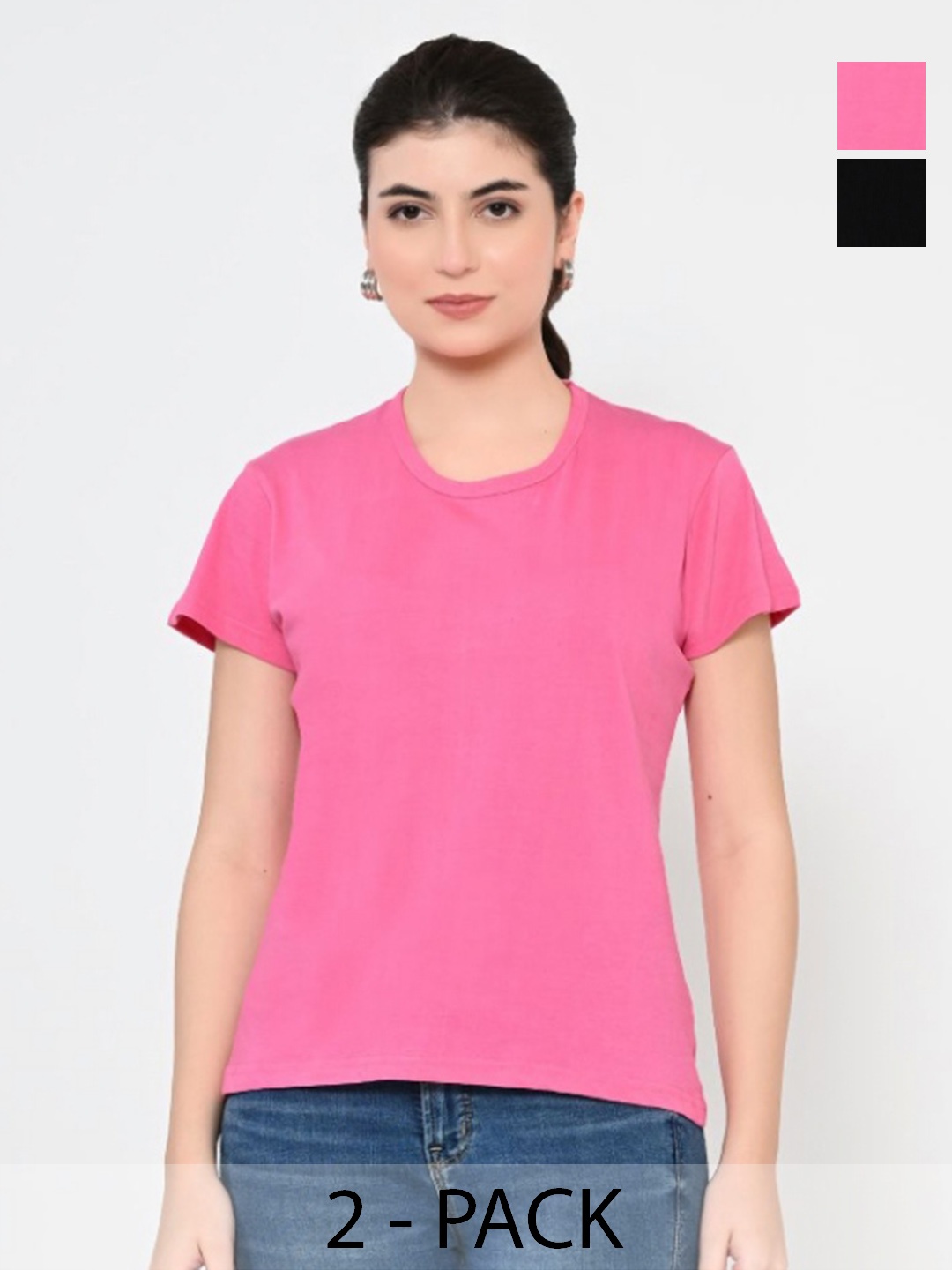 

BAESD Women Pack Of 2 Solid Round Neck Cotton T-shirts, Pink