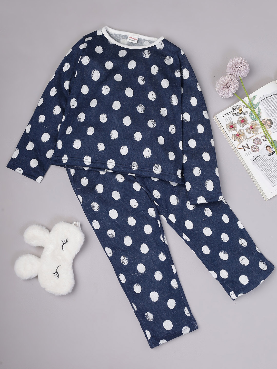 

RAINE AND JAINE Girls Polka Dots Printed Night suit, Navy blue