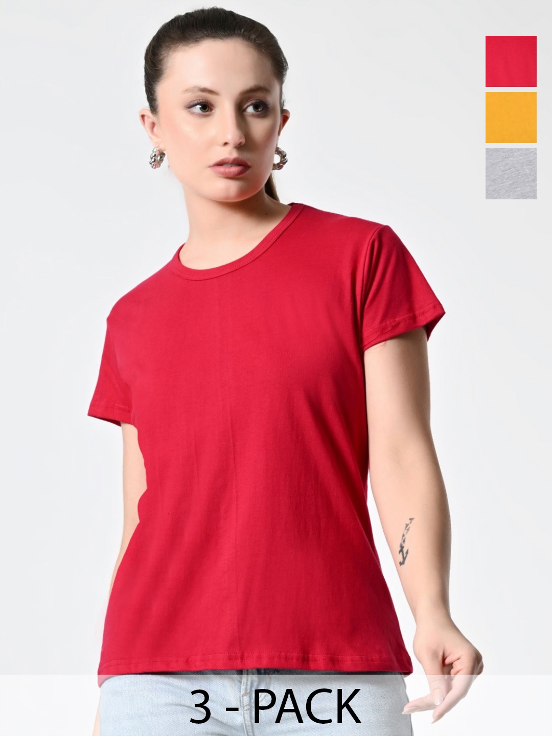 

BAESD Women Pack Of 3 Solid Round Neck Cotton T-shirts, Red